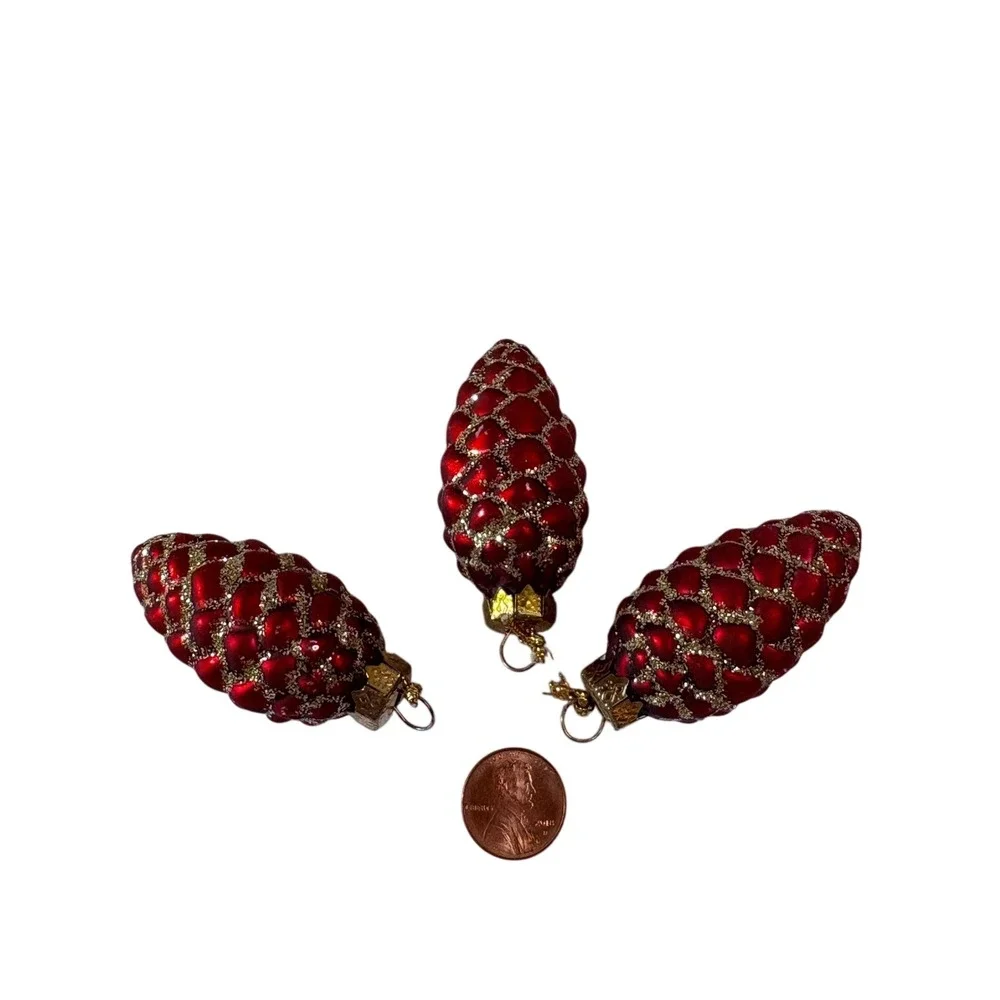 Vintage Red Glass Pinecone Christmas Ornaments Gold Glitter Set of 3‎ Small 2